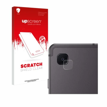 Parte frontal de un envase de producto con el logotipo de la marca upscreen. Al lado se muestra el dispositivo Samsung Galaxy 