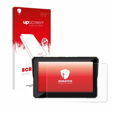 Parte frontal de un envase de producto con el logotipo de la marca upscreen. Al lado se muestra el dispositivo Carpuride W502 
