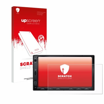 Parte frontal de un envase de producto con el logotipo de la marca upscreen. Al lado se muestra el dispositivo Atoto F7 WE con