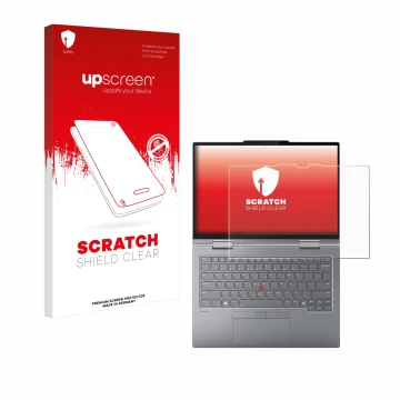 Parte frontal de un envase de producto con el logotipo de la marca upscreen. Al lado se muestra el dispositivo Lenovo ThinkPad