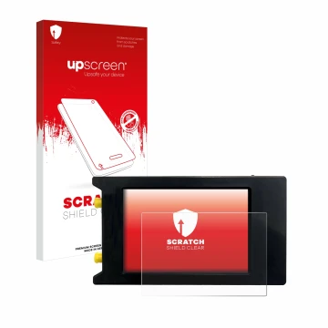 Parte frontal de un envase de producto con el logotipo de la marca upscreen. Al lado se muestra el dispositivo LiteVNA 64 con 