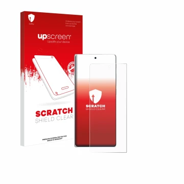 Parte frontal de un envase de producto con el logotipo de la marca upscreen. Al lado se muestra el dispositivo Vivo X Fold3 co