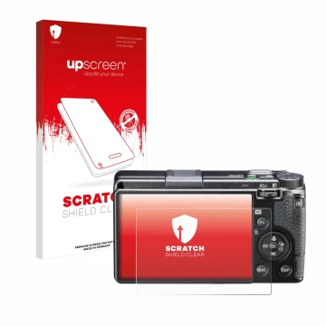 Parte frontal de un envase de producto con el logotipo de la marca upscreen. Al lado se muestra el dispositivo Ricoh GR III HD