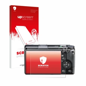 Parte frontal de un envase de producto con el logotipo de la marca upscreen. Al lado se muestra el dispositivo Ricoh GR IIIx H