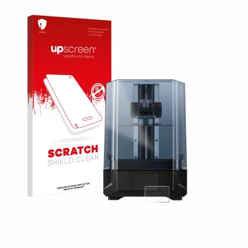 Parte frontal de un envase de producto con el logotipo de la marca upscreen. Al lado se muestra el dispositivo Anycubic Photon
