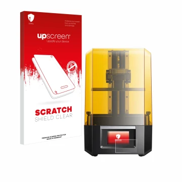 Parte frontal de un envase de producto con el logotipo de la marca upscreen. Al lado se muestra el dispositivo Anycubic Photon
