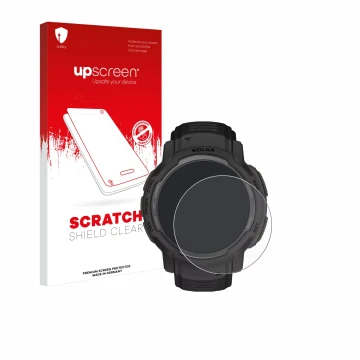 Parte frontal de un envase de producto con el logotipo de la marca upscreen. Al lado se muestra el dispositivo Garmin Instinct
