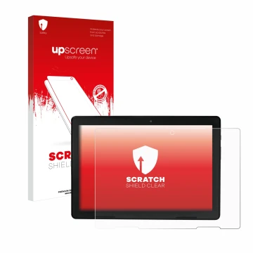 Parte frontal de un envase de producto con el logotipo de la marca upscreen. Al lado se muestra el dispositivo MEDION E10900 1