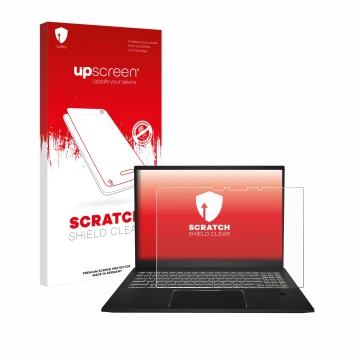 Parte frontal de un envase de producto con el logotipo de la marca upscreen. Al lado se muestra el dispositivo MSI Summit E16 