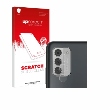 Parte frontal de un envase de producto con el logotipo de la marca upscreen. Al lado se muestra el dispositivo Nokia G42 5G (S