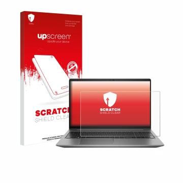Parte frontal de un envase de producto con el logotipo de la marca upscreen. Al lado se muestra el dispositivo HP Zbook Power 