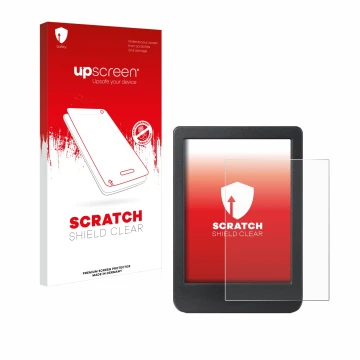 Parte frontal de un envase de producto con el logotipo de la marca upscreen. Al lado se muestra el dispositivo Kobo Clara BW c