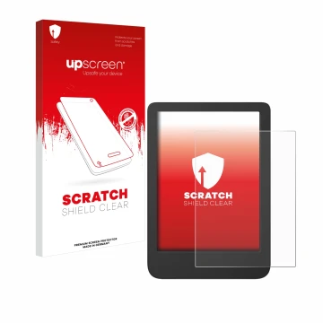 Parte frontal de un envase de producto con el logotipo de la marca upscreen. Al lado se muestra el dispositivo Tolino Shine 5 