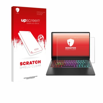 Parte frontal de un envase de producto con el logotipo de la marca upscreen. Al lado se muestra el dispositivo HP Omen Transce