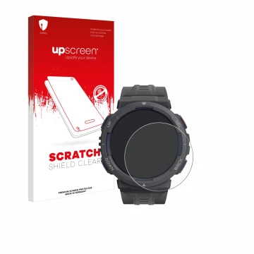 Parte frontal de un envase de producto con el logotipo de la marca upscreen. Al lado se muestra el dispositivo Amazfit Active 