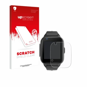 Parte frontal de un envase de producto con el logotipo de la marca upscreen. Al lado se muestra el dispositivo Leotec Kids All