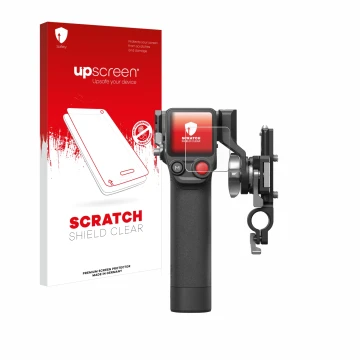 Parte frontal de un envase de producto con el logotipo de la marca upscreen. Al lado se muestra el dispositivo DJI Focus Pro- 