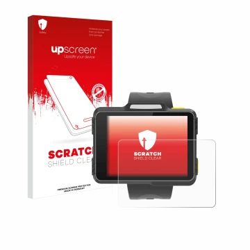 Parte frontal de un envase de producto con el logotipo de la marca upscreen. Al lado se muestra el dispositivo Newland WD1 con