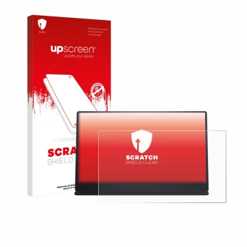 Parte frontal de un envase de producto con el logotipo de la marca upscreen. Al lado se muestra el dispositivo Dell P1424H con