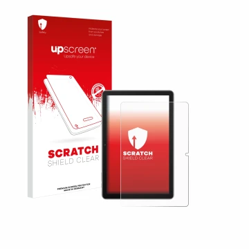 Parte frontal de un envase de producto con el logotipo de la marca upscreen. Al lado se muestra el dispositivo Blackview Tab 7