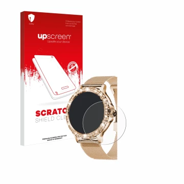 Parte frontal de un envase de producto con el logotipo de la marca upscreen. Al lado se muestra el dispositivo walkbee Smartwa