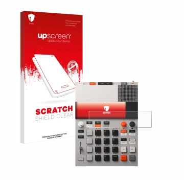 Parte frontal de un envase de producto con el logotipo de la marca upscreen. Al lado se muestra el dispositivo Teenage Enginee