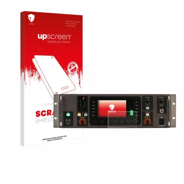 Parte frontal de un envase de producto con el logotipo de la marca upscreen. Al lado se muestra el dispositivo Behringer X32 R