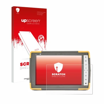 Parte frontal de un envase de producto con el logotipo de la marca upscreen. Al lado se muestra el dispositivo Topcon FC-6000 