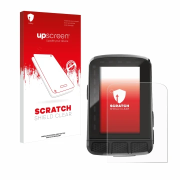 Parte frontal de un envase de producto con el logotipo de la marca upscreen. Al lado se muestra el dispositivo Wahoo Elemnt Ro