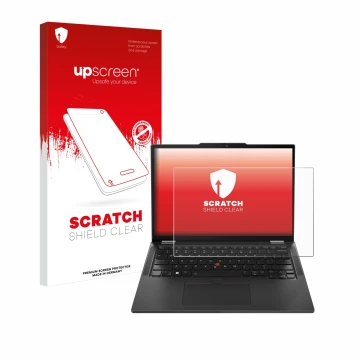 Parte frontal de un envase de producto con el logotipo de la marca upscreen. Al lado se muestra el dispositivo Lenovo ThinkPad