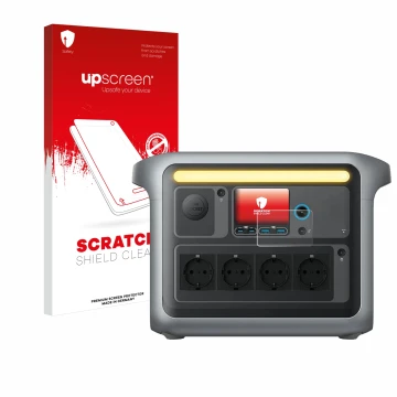 Parte frontal de un envase de producto con el logotipo de la marca upscreen. Al lado se muestra el dispositivo Anker SOLIX C10
