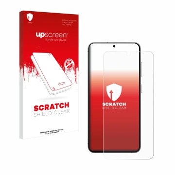 Parte frontal de un envase de producto con el logotipo de la marca upscreen. Al lado se muestra el dispositivo Samsung Galaxy 
