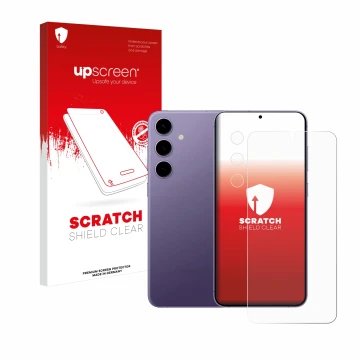 Parte frontal de un envase de producto con el logotipo de la marca upscreen. Al lado se muestra el dispositivo Samsung Galaxy 