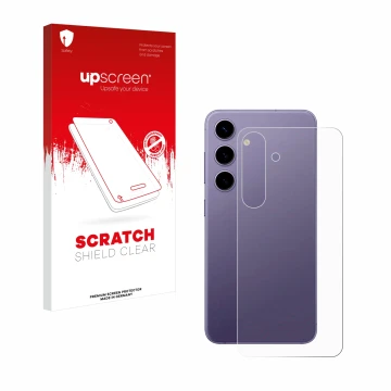 Parte frontal de un envase de producto con el logotipo de la marca upscreen. Al lado se muestra el dispositivo Samsung Galaxy 