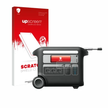 Parte frontal de un envase de producto con el logotipo de la marca upscreen. Al lado se muestra el dispositivo Anker SOLIX F20