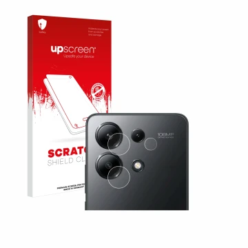 Parte frontal de un envase de producto con el logotipo de la marca upscreen. Al lado se muestra el dispositivo Xiaomi Redmi No