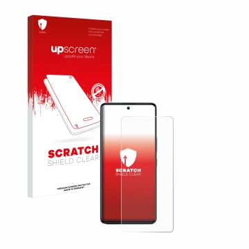 Parte frontal de un envase de producto con el logotipo de la marca upscreen. Al lado se muestra el dispositivo Infinix GT 20 P