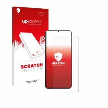 Parte frontal de un envase de producto con el logotipo de la marca upscreen. Al lado se muestra el dispositivo Blackview Oscal