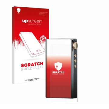 Parte frontal de un envase de producto con el logotipo de la marca upscreen. Al lado se muestra el dispositivo Cayin N3-Ultra 