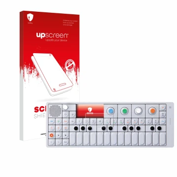 Parte frontal de un envase de producto con el logotipo de la marca upscreen. Al lado se muestra el dispositivo Teenage Enginee