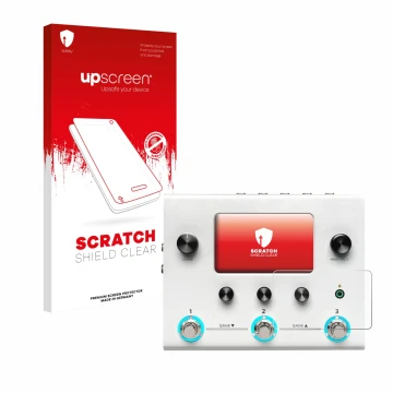 Parte frontal de un envase de producto con el logotipo de la marca upscreen. Al lado se muestra el dispositivo Hotone Ampero I