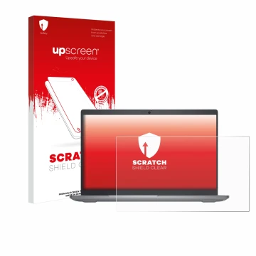 Parte frontal de un envase de producto con el logotipo de la marca upscreen. Al lado se muestra el dispositivo Dell Latitude 5