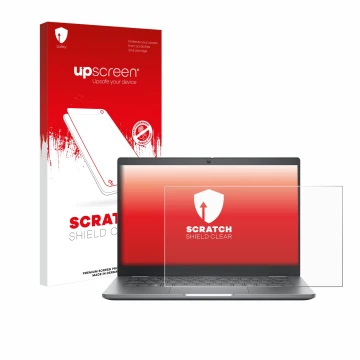 Parte frontal de un envase de producto con el logotipo de la marca upscreen. Al lado se muestra el dispositivo Dell Latitude 5