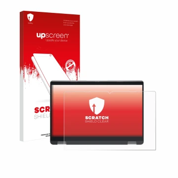 Parte frontal de un envase de producto con el logotipo de la marca upscreen. Al lado se muestra el dispositivo Dell Latitude 5