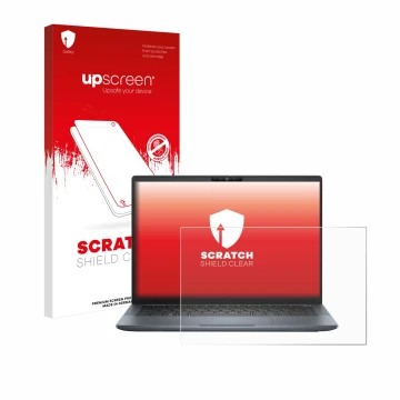 Parte frontal de un envase de producto con el logotipo de la marca upscreen. Al lado se muestra el dispositivo Dell Latitude 7
