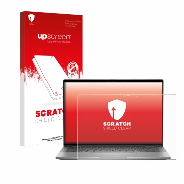 Parte frontal de un envase de producto con el logotipo de la marca upscreen. Al lado se muestra el dispositivo Dell Latitude 7