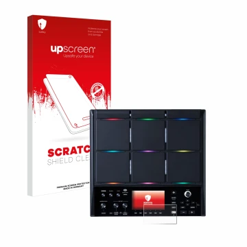 Parte frontal de un envase de producto con el logotipo de la marca upscreen. Al lado se muestra el dispositivo Roland SPD-SX P