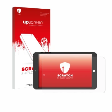 Parte frontal de un envase de producto con el logotipo de la marca upscreen. Al lado se muestra el dispositivo SZTPS Tablet 8