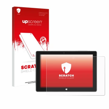 Parte frontal de un envase de producto con el logotipo de la marca upscreen. Al lado se muestra el dispositivo SZTPS Tablet 10