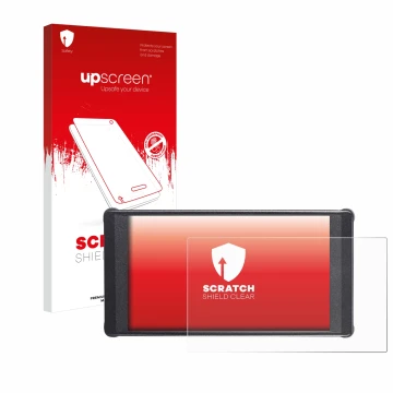 Parte frontal de un envase de producto con el logotipo de la marca upscreen. Al lado se muestra el dispositivo Portkeys PT6 co